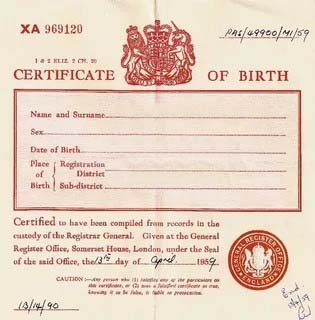 England Register Office birth certificate template in PSD format