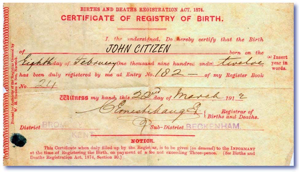 England Registrar of Births and Deaths birth certificate template in PSD format