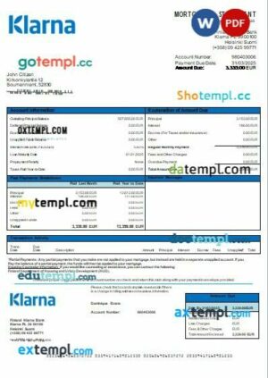 Finland Klarna Bank mortgage statement, editable template in PDF and Word