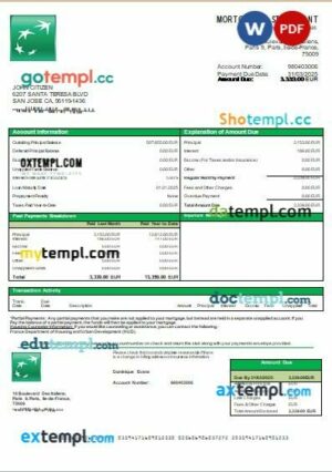 France BNP bank mortgage statement, editable template in PDF and Word