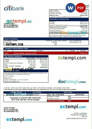 France Citibank bank mortgage statement, editable template in PDF and Word