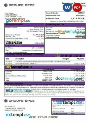 France Groupe BPCE bank mortgage statement, editable template in PDF and Word