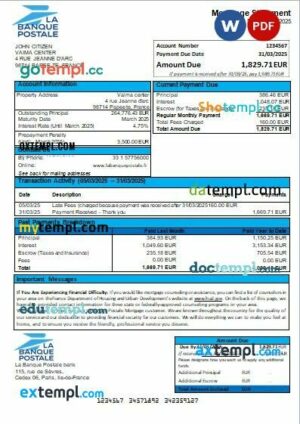 France La Banque Postale bank mortgage statement, editable template in PDF and Word