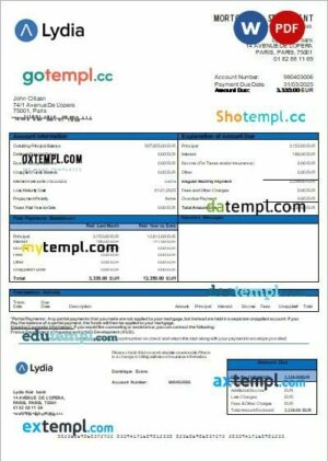 France Lydia Noir bank mortgage statement, editable template in PDF and Word