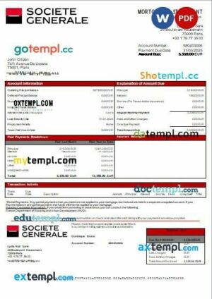 France Société Générale bank mortgage statement, editable template in PDF and Word