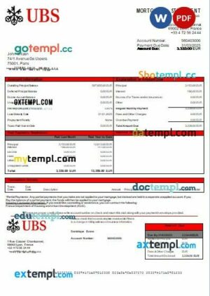 France UBS bank mortgage statement, editable template in PDF and Word