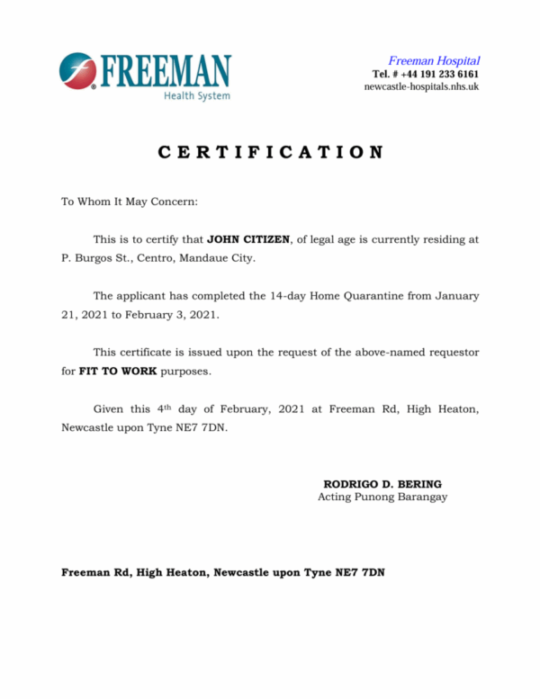 Freeman Hospital medical certificate template in Word and PDF formats