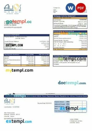 Gabon Alios Finance bank mortgage statement, editable template in PDF and Word