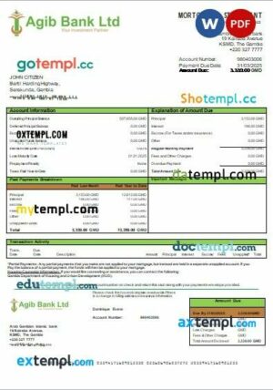 Gambia Arab Gambian Islamic bank mortgage statement, editable template in PDF and Word