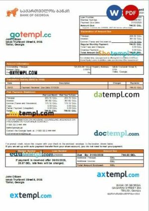 Georgia Bank of Georgia bank mortgage statement, editable template in PDF and Word