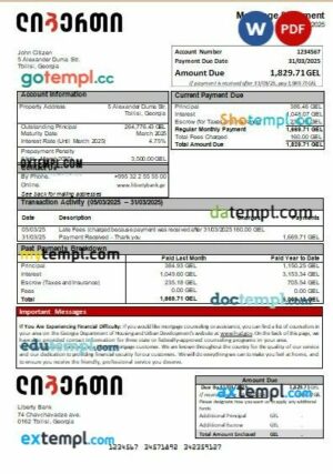 Georgia Liberty Bank mortgage statement, editable template in PDF and Word