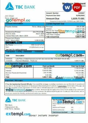 Georgia TBC Bank mortgage statement, editable template in PDF and Word