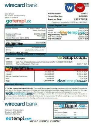 Germany Aschheim Wirecard bank mortgage statement, editable template in PDF and Word