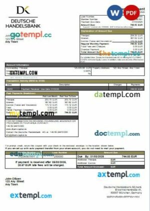 Germany Deutsche Handelsbank AG bank mortgage statement, editable template in PDF and Word