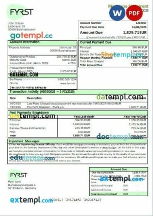Germany Fyrst bank mortgage statement, editable template in PDF and Word