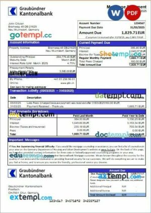 Germany Graubuendner Kantonalbank bank mortgage statement, editable template in PDF and Word