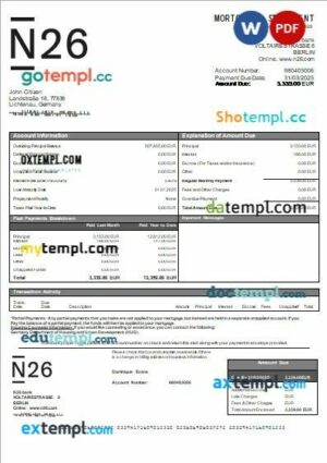 Germany N26 bank mortgage statement, editable template in PDF and Word