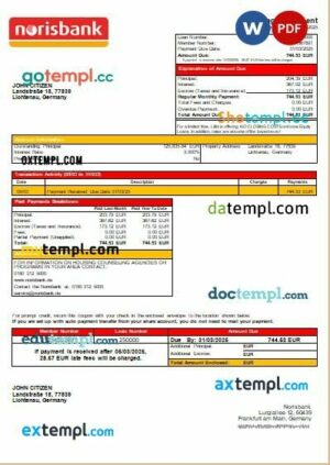 Germany Norisbank bank mortgage statement, editable template in PDF and Word
