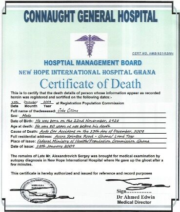 Ghana Connaught general hospital death certificate template in PSD format