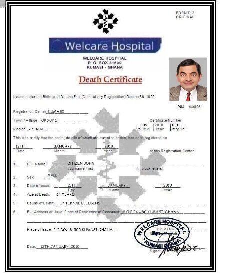 Ghana Welcare hospital death certificate template in PSD format