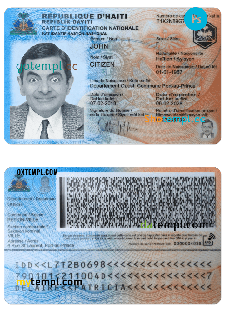Haitian id card download PSD example, with fonts