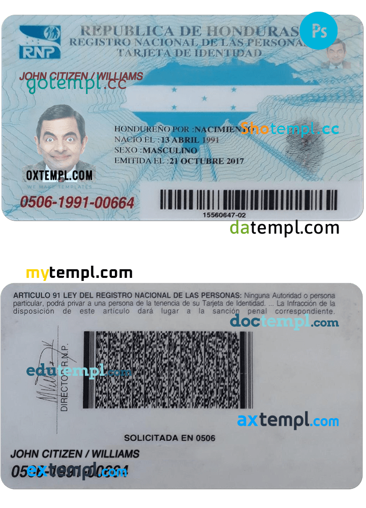 Honduran id card download PSD example, with fonts