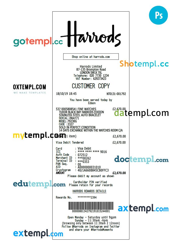 Harrods payment receipt PSD template