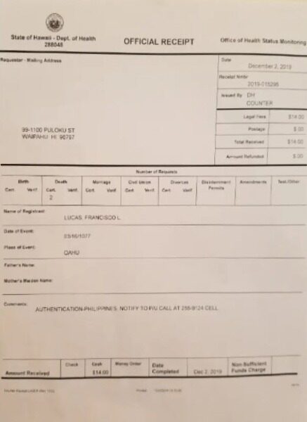 Hawaii Office of health status monitoring death certificate template in PSD format