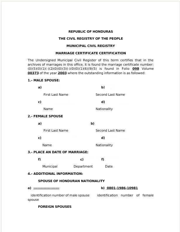Honduras Civil registry of the people marriage certificate template in PSD format
