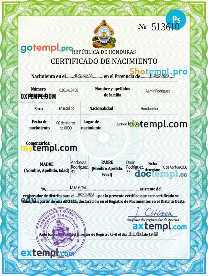 Honduras vital record birth certificate editable PSD example, in Spanish language