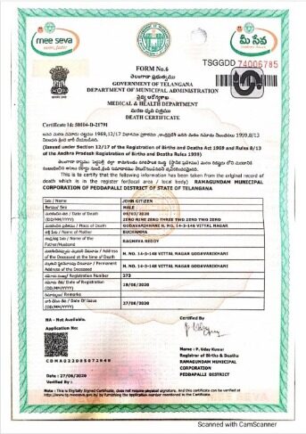 India Department of municipal administration of Telangana death certificate template in PSD format