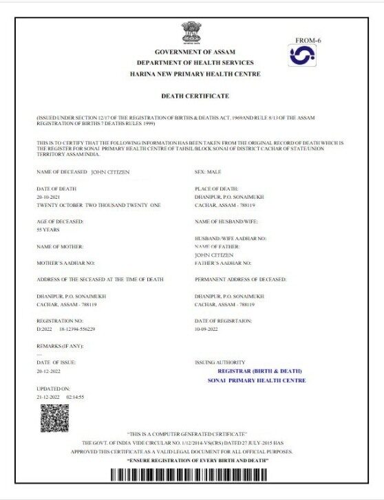 India Government of Assam death certificate template in PSD format