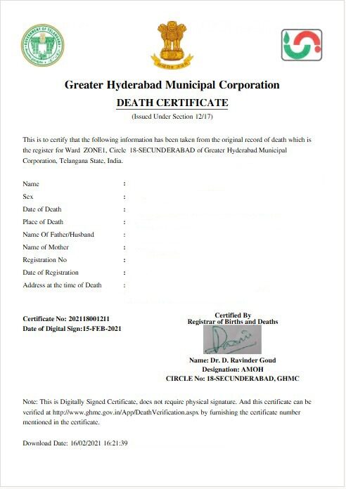 India Greater hyderabad municipal corporation death certificate template in PSD format