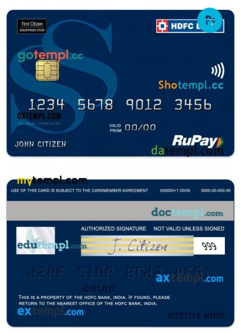 India HDFC Bank RuPay Shoppers Stop credit card template in PSD format