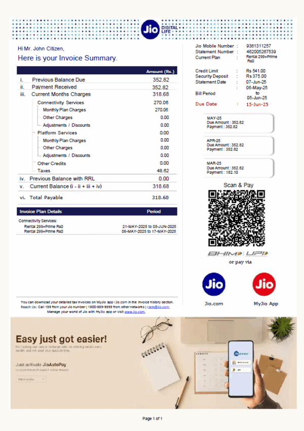 India Jio Digital Life utility bill template in Word and PDF formats, version 2