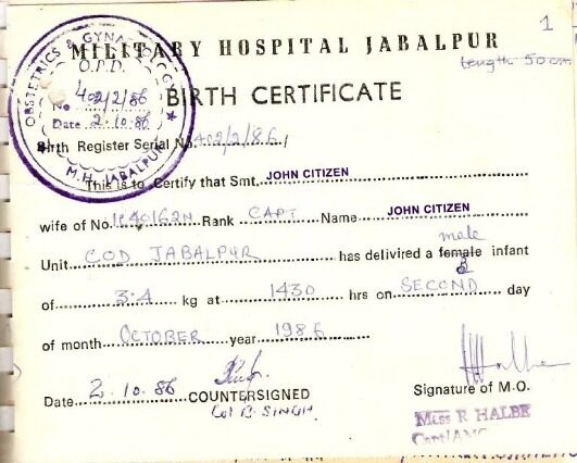 India Military Hospital Birth Certificate template in PSD format