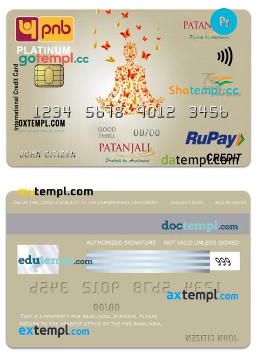 India PNB Bank Patanjali RuPay platinum credit card template in PSD format