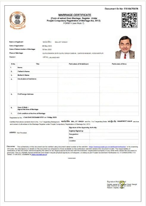 India Punjab marriage registrar marriage certificate template in PSD format
