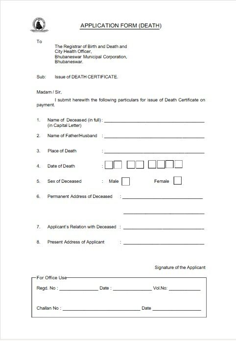 India Registrar of birth and death and city healthy officer death certificate template in PSD format