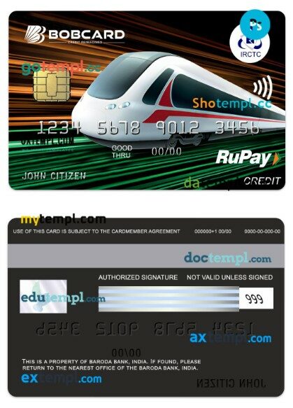 India The Baroda Bank Bobcard IRCTC RuPay credit card template in PSD format