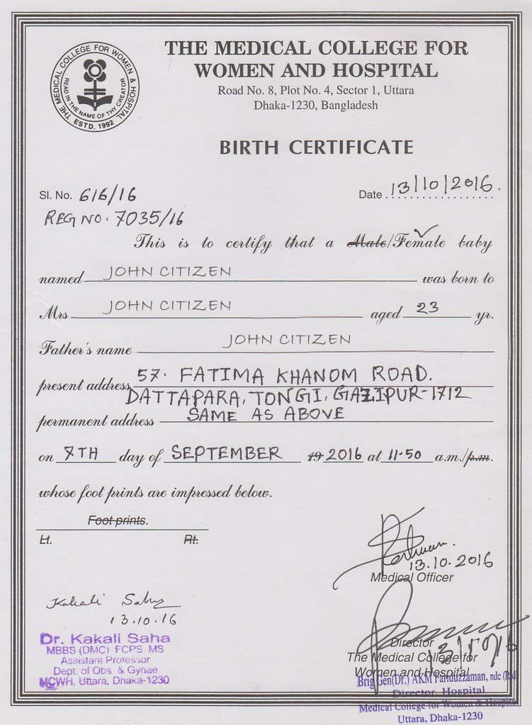 India The Medical College for Women and hospital birth certificate template in PSD format