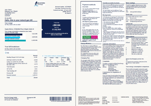 Ireland Bord Gáis Energy utility bill template in Word and PDF formats, 2 pages, version 2