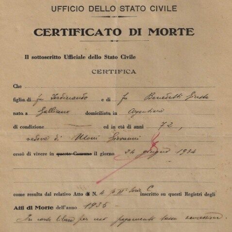 Italy Registry of civil office death certificate template in PSD format