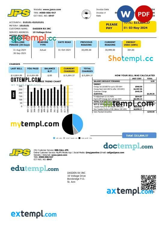 Jamaica Public Service Company Limited (JPS) electricity business utility bill template in Word and PDF formats
