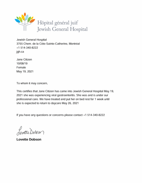 Jewish General Hospital doctor note template in Word and PDF formats