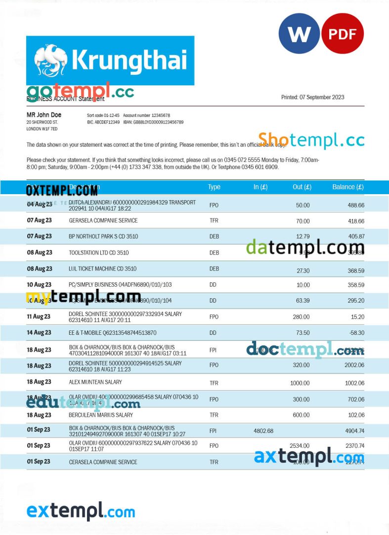 Krungthai bank organization statement Word and PDF template