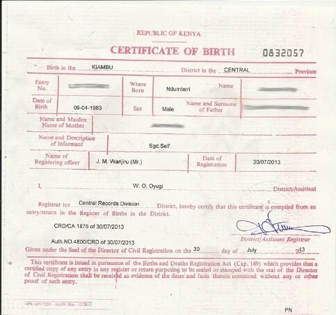 Kenya Register of births death certificate template in PSD format