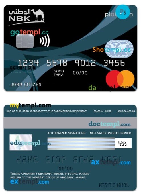 Kuwait NBK Bank Privilege Banking Platinum Mastercard Credit Card template in PSD format