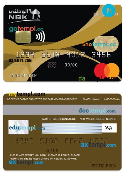 Kuwait NBK Bank Thahabi Platinum Mastercard Credit Card template in PSD format