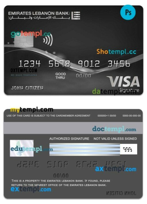 Lebanon Emirates Lebanon Bank visa signature charge card template in PSD format